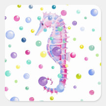 Watercolor Seahorse and Colourful Bubbles