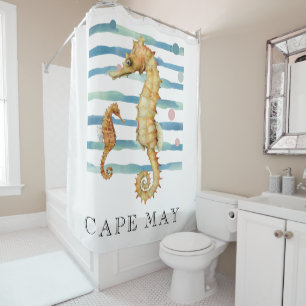 WATERCOLOR SEAHORSE, BEACH TOWN, CAPE MAY  SHOWER CURTAIN