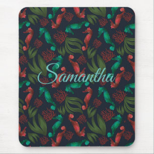 Watercolor Seahorse Blue Nautical Personalised Mouse Pad