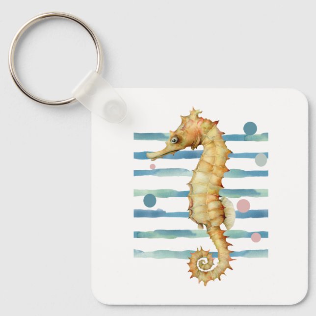 WATERCOLOR SEAHORSE, COASTAL BEACH VACATION RENTAL KEY RING (Front)