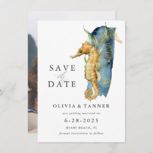 Watercolor Seahorse Coastal Theme Save the Date Invitation