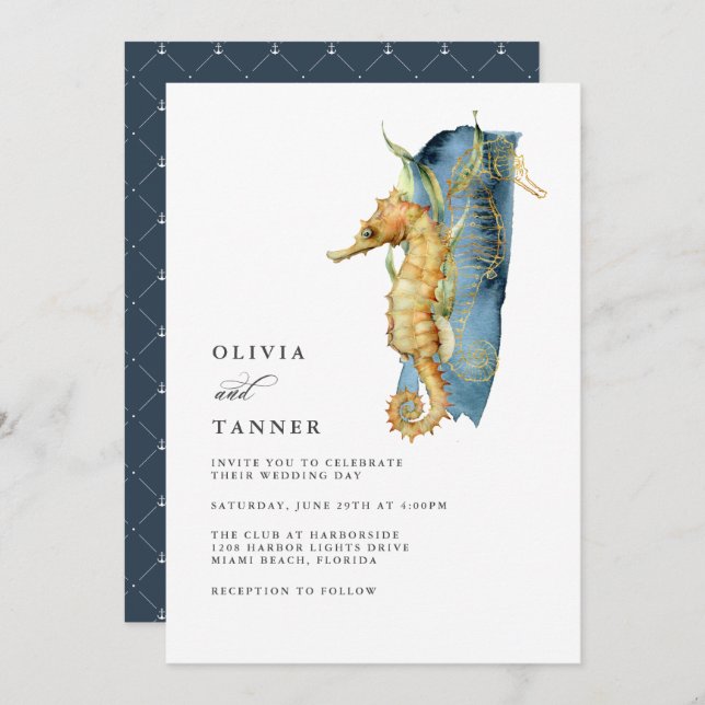 Watercolor Seahorse Coastal Theme Wedding Invitation (Front/Back)