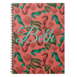 Watercolor Seahorse Coral Nautical Personalised Notebook