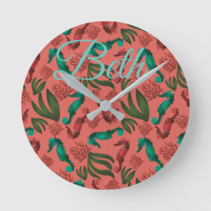Watercolor Seahorse Coral Nautical Personalised Round Clock