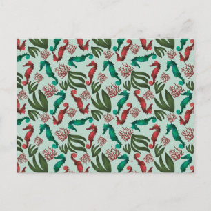 Watercolor Seahorse Mint Nautical Pattern Postcard