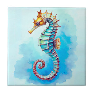 Watercolor Seahorse on Turquoise Ceramic Tile