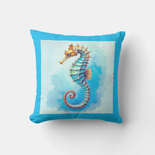  Watercolor Seahorse on Turquoise  Cushion