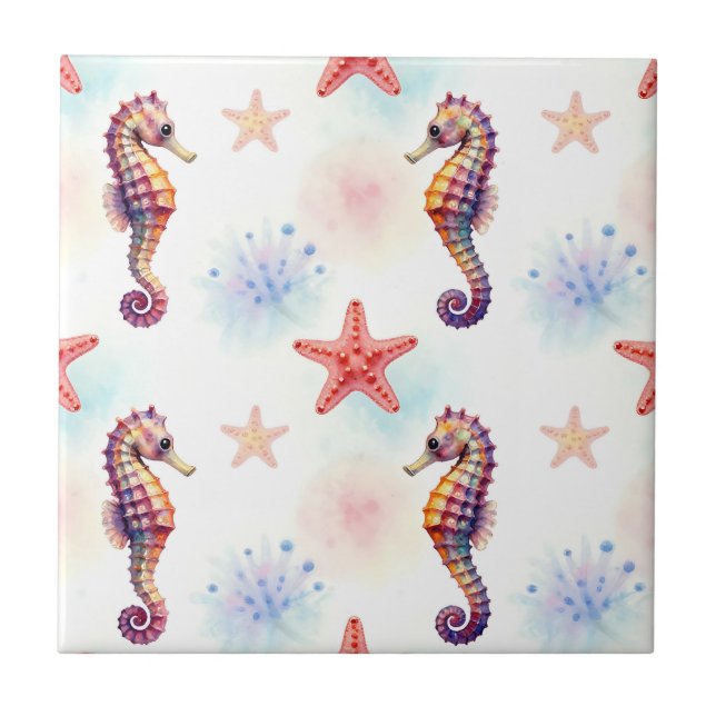 Watercolor Seahorse Starfish Pattern Ceramic Tile (Front)