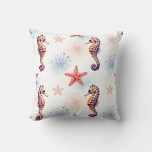 Watercolor Seahorse Starfish Pattern Cushion