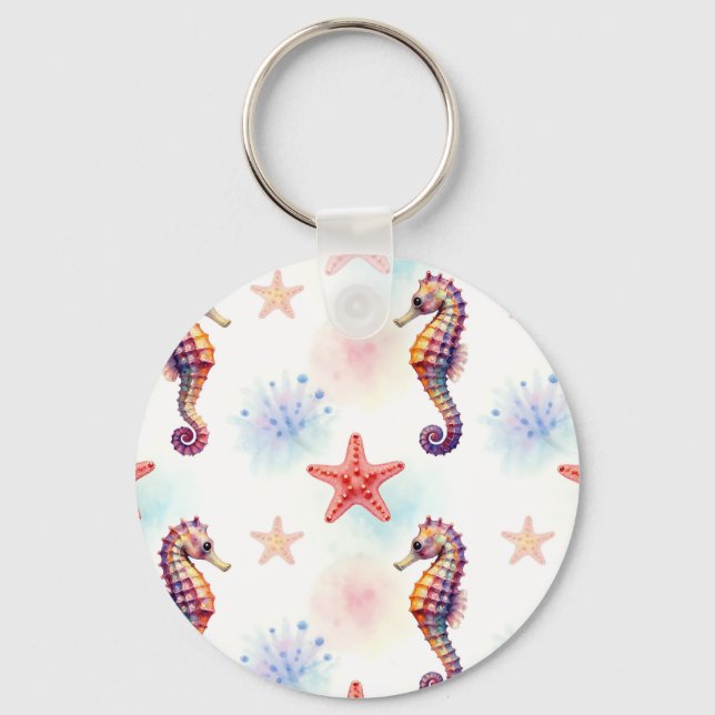 Watercolor Seahorse Starfish Pattern Key Ring (Front)