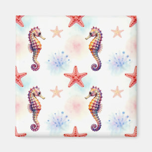 Watercolor Seahorse Starfish Pattern Magnet