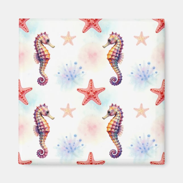 Watercolor Seahorse Starfish Pattern Magnet (Front)