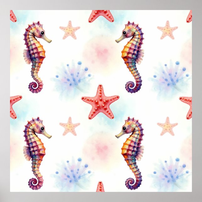 Watercolor Seahorse Starfish Pattern Poster (Front)