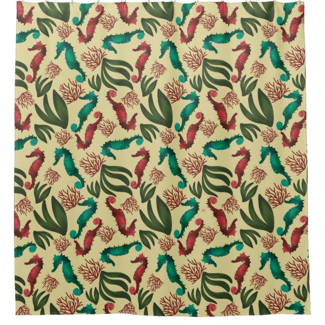 Watercolor Seahorse Yellow Nautical Pattern  Shower Curtain (Front)