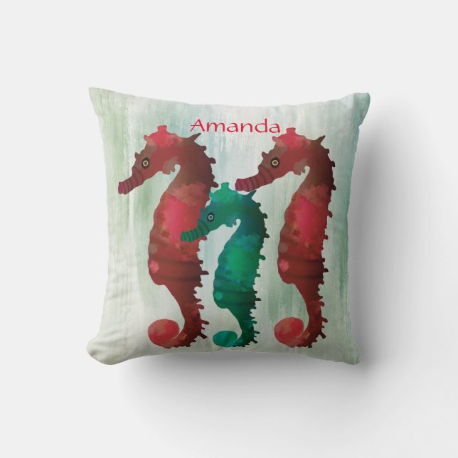 Watercolor Seahorses Nautical Personalised  Cushion (Front)