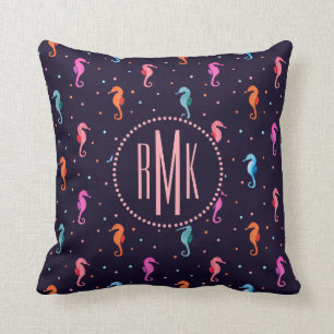 Watercolor Seahorses on Navy Blue Pattern Cushion