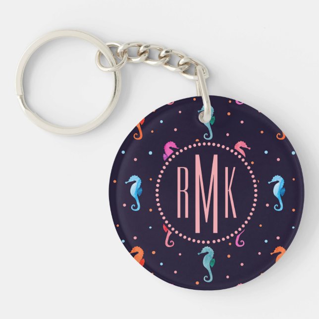 Watercolor Seahorses on Navy Blue Pattern Key Ring (Front)