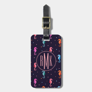 Watercolor Seahorses on Navy Blue Pattern Luggage Tag