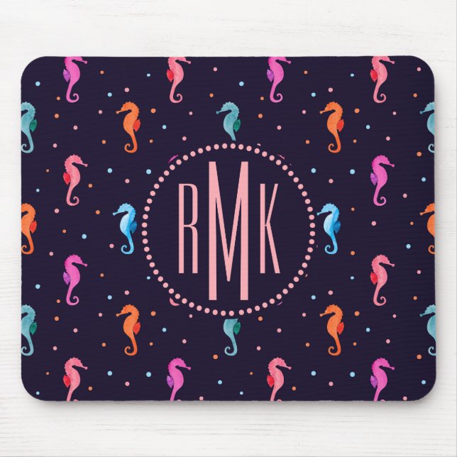 Watercolor Seahorses on Navy Blue Pattern Mouse Pad (Front)