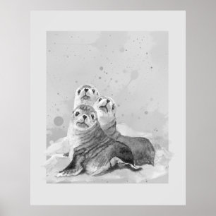 Watercolor Seal Family Sea Animal Nature Art Poster