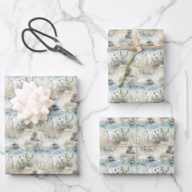 Watercolor Seals Coastal Wrapping Paper Sheet (Front)