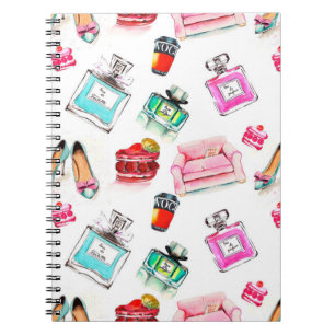 Watercolor seamless fashion glamour pattern on whi notebook