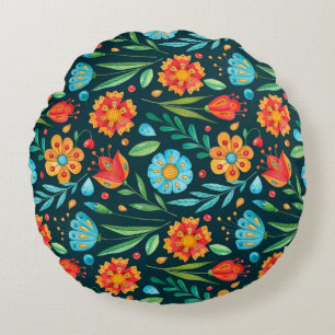 Watercolor seamless hand-illustrated flower patter round cushion
