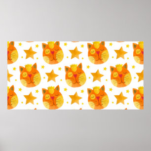 Watercolor seamless pattern of cat faces and stars poster