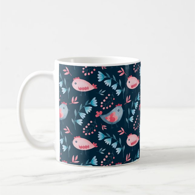 Watercolor seamless pattern of chickens flowers in coffee mug (Left)