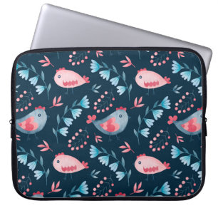 Watercolor seamless pattern of chickens flowers in laptop sleeve