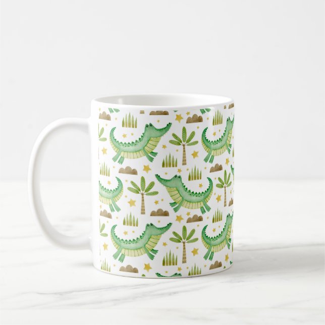 Watercolor seamless pattern of crocodile palm tree coffee mug (Left)