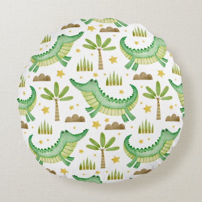 Watercolor seamless pattern of crocodile palm tree round cushion (Front)