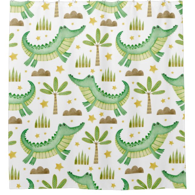 Watercolor seamless pattern of crocodile palm tree shower curtain (Front)