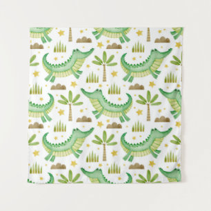 Watercolor seamless pattern of crocodile palm tree tapestry