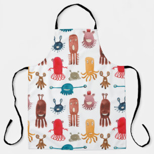Watercolor seamless pattern of funny monsters and apron
