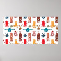 Watercolor seamless pattern of funny monsters and