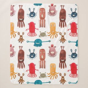 Watercolor seamless pattern of funny monsters and sherpa blanket