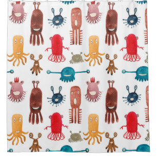 Watercolor seamless pattern of funny monsters and  shower curtain