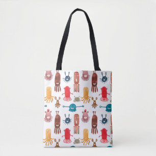 Watercolor seamless pattern of funny monsters and tote bag