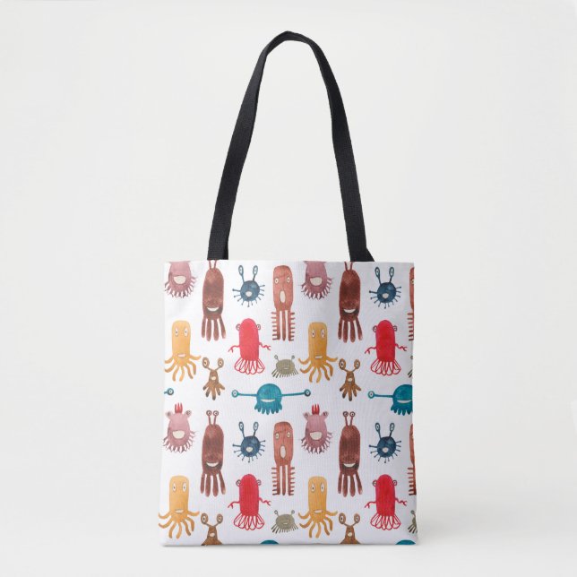 Watercolor seamless pattern of funny monsters and  tote bag (Front)