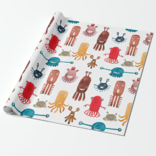 Watercolor seamless pattern of funny monsters and wrapping paper