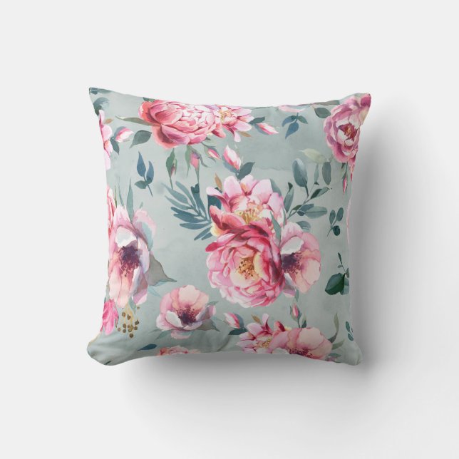 Watercolor seamless pattern of peony and blosom fl cushion (Front)