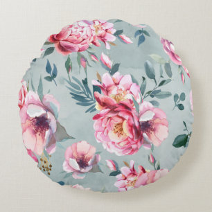 Watercolor seamless pattern of peony and blosom fl round cushion