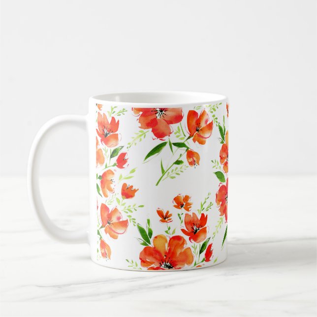 Watercolor seamless pattern orange poppies flowers coffee mug (Left)