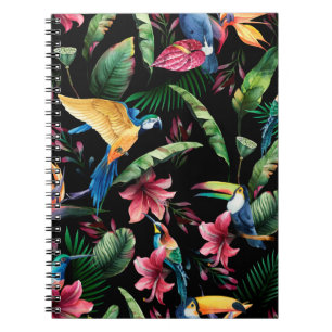 Watercolor seamless pattern, tropical birds, touca notebook