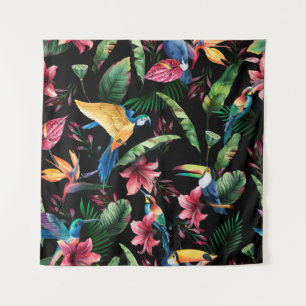 Watercolor seamless pattern, tropical birds, touca tapestry