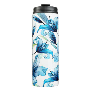 Watercolor seamless pattern with blue lilies thermal tumbler