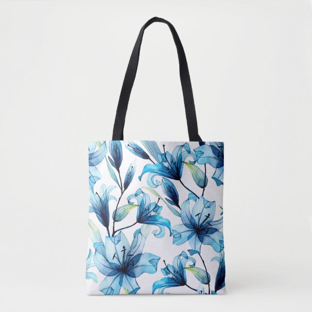 Watercolor seamless pattern with blue lilies tote bag (Front)