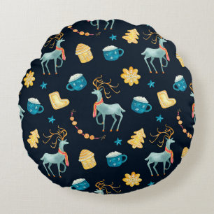 Watercolor seamless pattern with christmas deers g round cushion