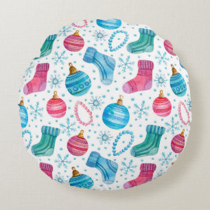 Watercolor seamless pattern with Christmas stockin Round Cushion